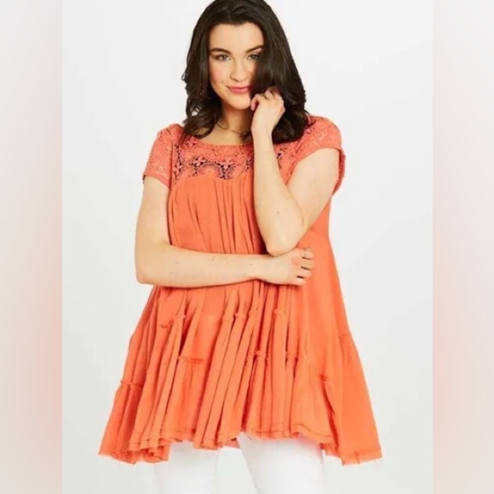 Altar’d State • coral embroidered lace ruffle sleeveless blouse with pockets